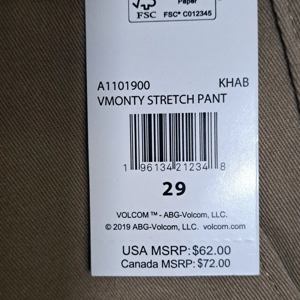 Volcom VMONTY STRETCH PANTS - KHAKI BROWN 29 - Picture 6 of 11